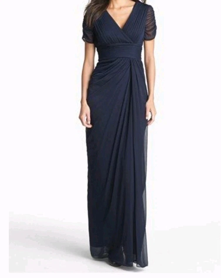 Robe De Soirée Adrianna Papell En Satin Argenté - Taille 10P (petite), Style Bal Princesse, Manches Dos Nu