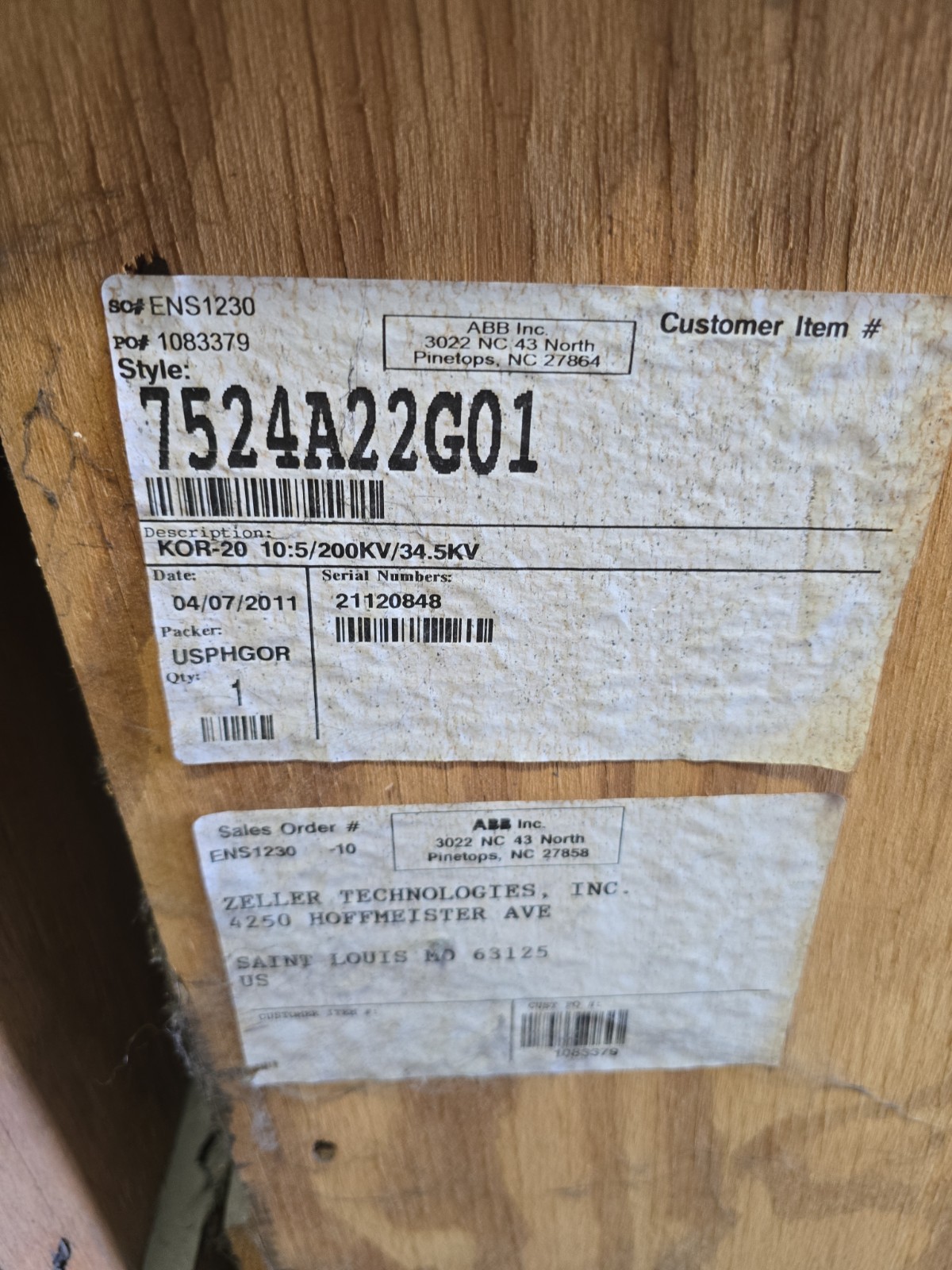 7524A22G01 ABB KOR-20 outdoor current Transfomer 34.5KV 10:5