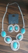 Turquoise Chunky Statement Fashion Necklace Earrings Set Boho Southwestern Oval