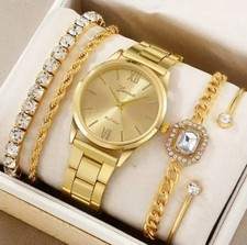 5pc Simple Quartz Watches Bracelet Set for Women- Casual with Round Crystal Dial