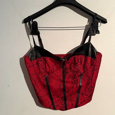 Gothic Style Vamp Corset Style Crop Top Medium Bat Web Pattern Red Black