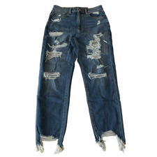 American Eagle Mom Jeans Womens Size 6R 28W Blue Distressed Stretch High Rise