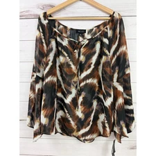 AB Studio Brown Animal Print Sheer Tie Neck Blouse Top Womens Large