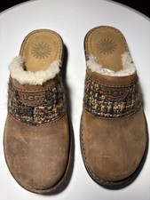 UGG Clogs Size 7 Rustic Leather Combined With Tweed Shearling Wool Lind