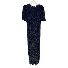 Vintage Laurence Kazar Silk Sequin Dress Gown XL Blue Maxi Evening Event Wedding