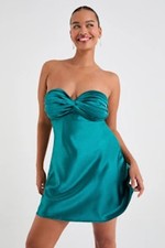 Lulus Narina Satin Pleated Strapless Mini Dress Green S