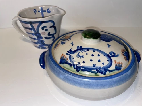 M A Hadley Stoneware Art Pottery Covered Casserole and Firewater Measuring Cup
