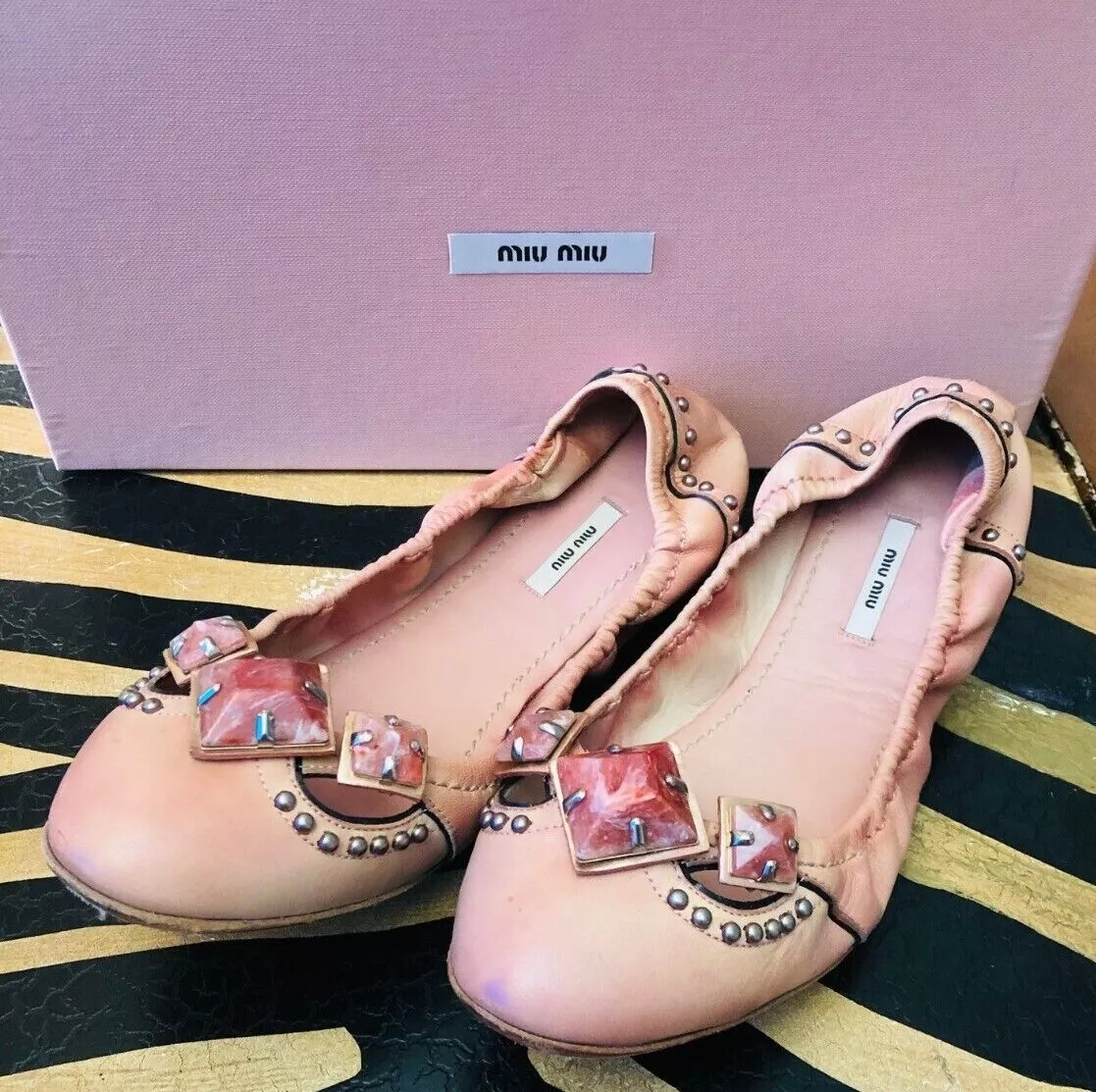 Miu Miu Dark Rose Pink Leather Jeweled Studded Ballet Ballerina Flats Shoes  36