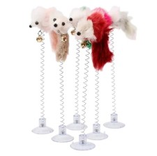 Funny swing spring Mice with Suction cup Furry cat colorful Feather Tails Mouse