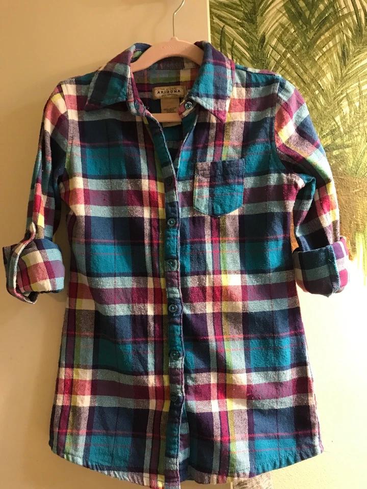 Arizona Jean Co. Camisa Top de Franela Turquesa Púrpura Para Niñas S/Ch 7/8 Perlada Btns Foto 4 de 4