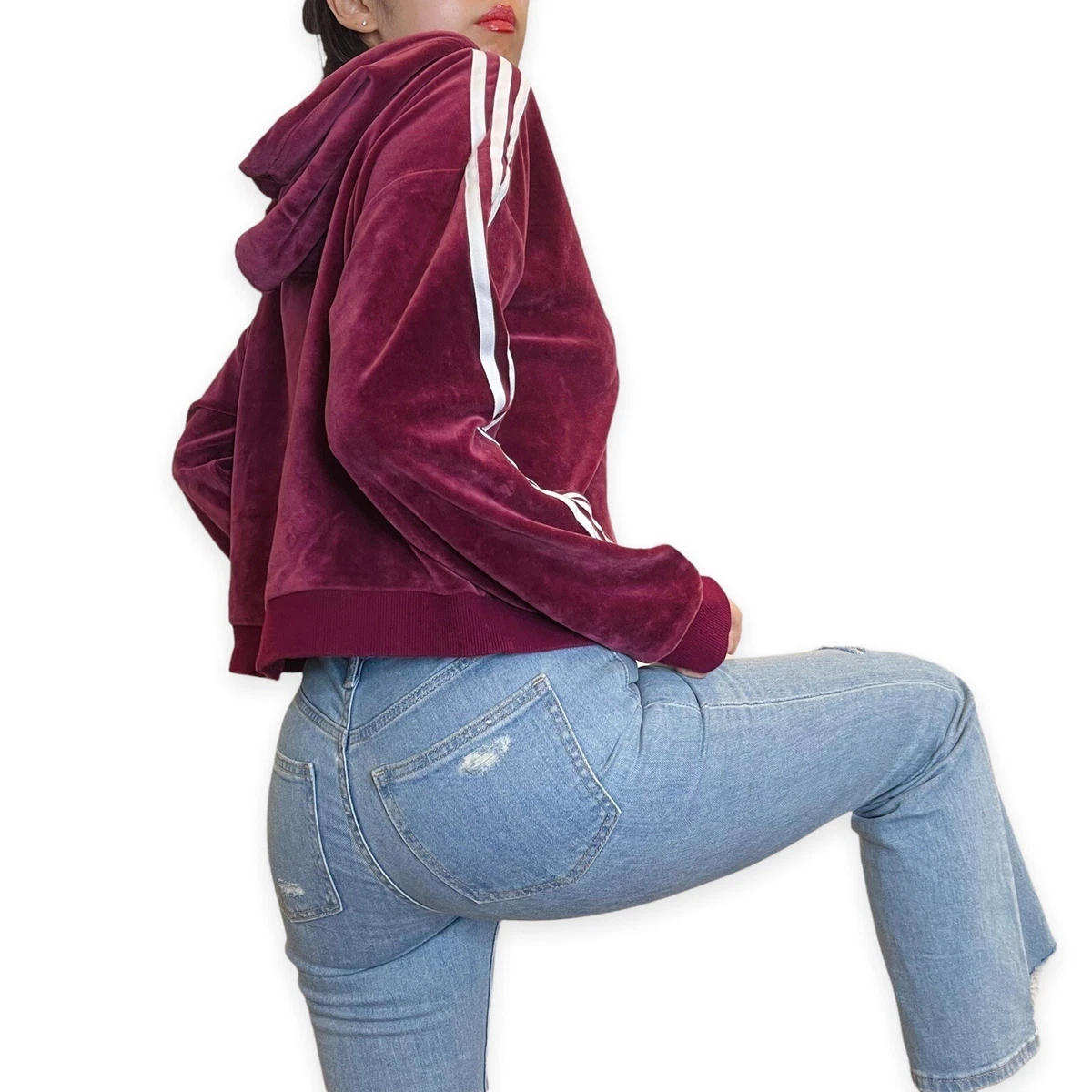 Adidas Originals Velvety Maroon Velour Cropped Hoodie Size S