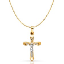 14K Yellow Gold Religious Crucifix Charm Pendant with 0.8mm Box Chain Necklace