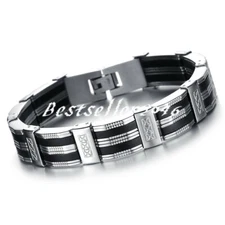 Mens Silicone Rubber Link Wristband Cuff Bracelet Stainless Steel Bangle 8.3"