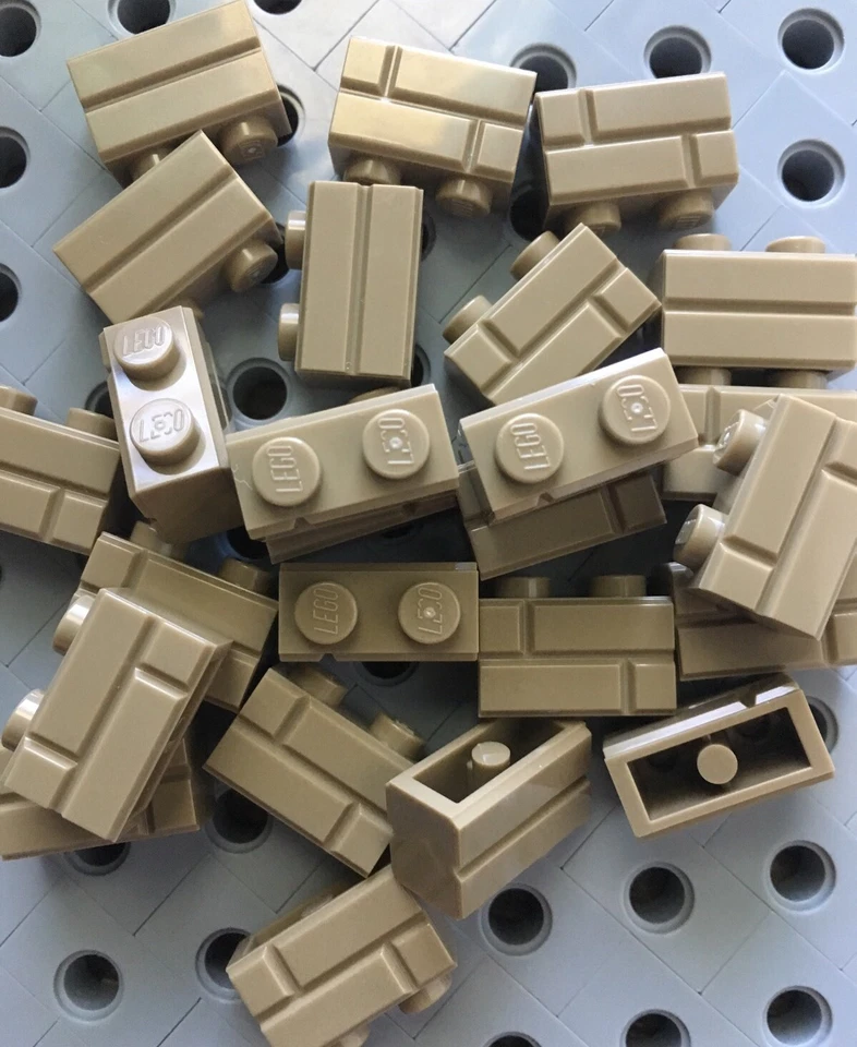 Lego 1x2 Dark Tan Sand Yellow Bricks Modified w/ Masonry Profile Wall 25pc Decor - Image 2 of 2
