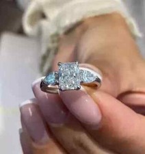 9x7mm Radiant Cut Certified Moissanite Three Stone Ring 14k White Gold Plated