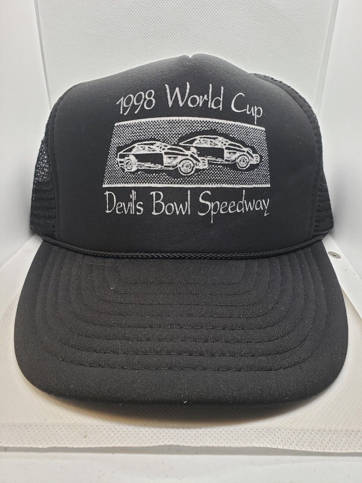 Vintage 1998 World Cup Devils Bowl Speedway Snapback Truckers Cap Black