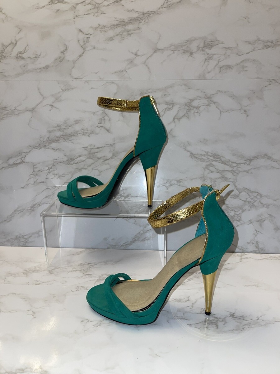 colin Stuart hig heels bracelet sandals green and gold Sz