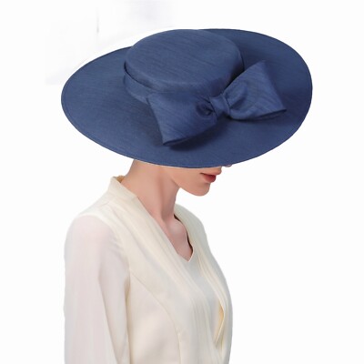 Navy Fascinators Elegant Wide Brim Hat For Women Big Bow Tea Party