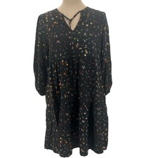 Gap Womens Black Ditsy Floral Tiered Mini Dress Split Neck Tie Long Sleeve Sz S