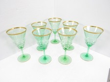 Vintage Green Uranium Glass Wine Goblets Set of 7 Etched Gold Trim UV Glow 7"