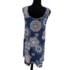 SJS Sz L Printed Jacquard Sleeveless Shift Dress Nautical Coastal comfy Preppy