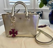 Tory Burch Robinson Gold Saffiano Leather Mini Double-Zip Tote/Shoulder Bag
