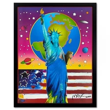 Peter Max Liberty with Earth & Flag FRAMED Hand Signed Offset Lithograph, LOA