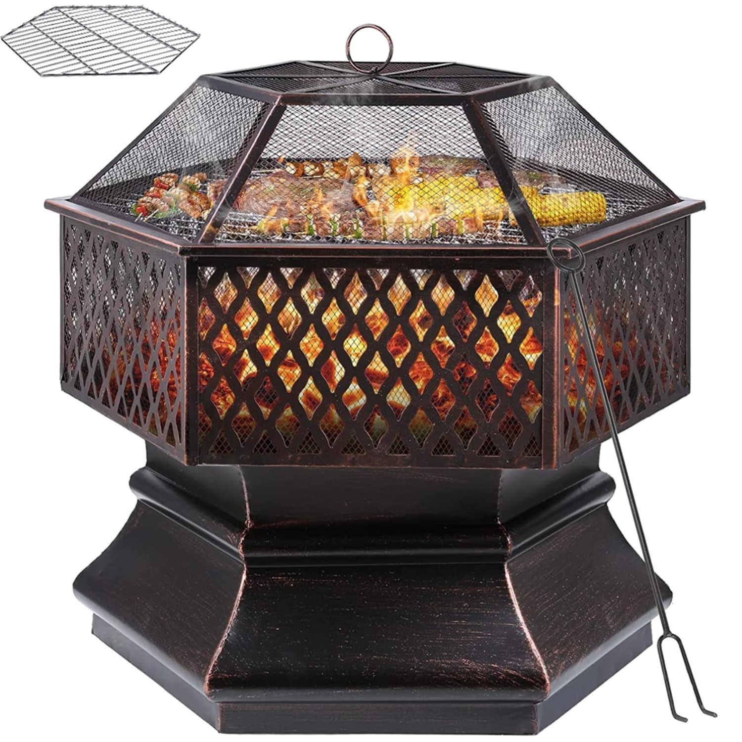 Feuerschale Grillrost Feuerkorb Garten BBQ Sechseck 66×66×63cm Metall Bronze