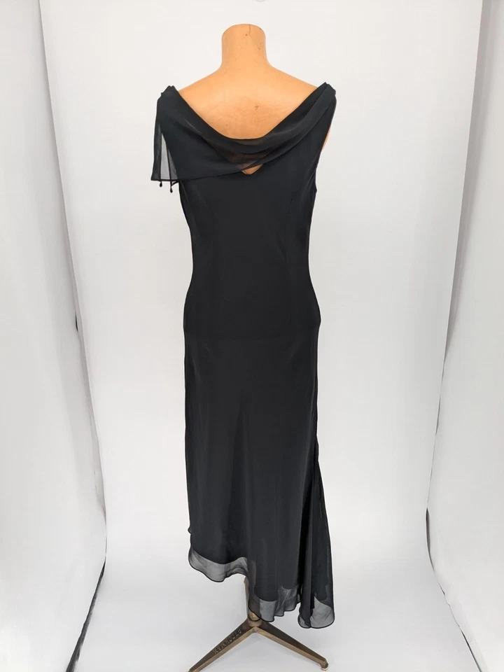 De Colección Liz Claiborne Asimétrico Negro Vestido de Noche Capucha Cuello Superposición Transparente Talla 8 Foto 2 de 4