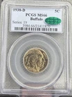 CAC HI GRADE MS66 1938-D BUFFALO NICKEL PCGS NICE TONING