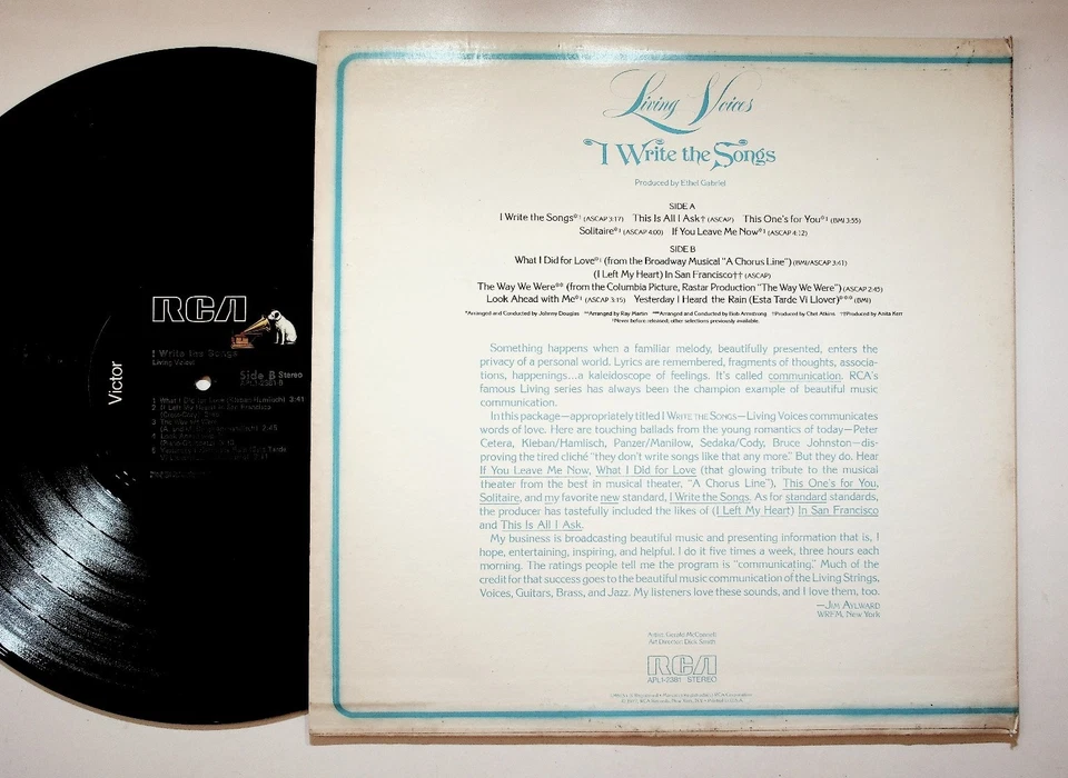 Living Voices - I Write The Songs LP Record 1977 RCA Living Series Stereo Foto 2 de 2