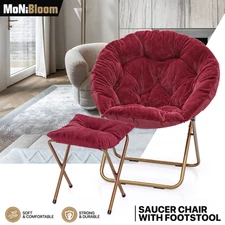 Red X-Large Foldable Saucer Cozy Chair Home Faux Fur Round Moon Seat w/Footrest