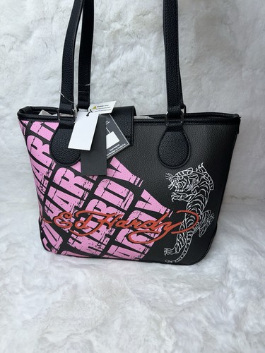 NWT ED Hardy Black Tote Tiger Rose Print Handbag Shoulder Bag - Picture 5 of 7