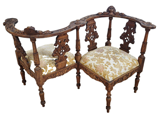 Antique ITALIAN Renaissance Carved Walnut TETE A TETE Sofa CONVERSATION CHAIR