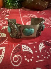 HEAVY OLD STERLING SILVER WATCH CUFF WITH TURQUOISE ACCENTS