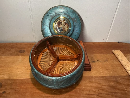 Vintage 3 Footed Metal Powder Box w/ Amber Depression Glass Divided Dish Insert
