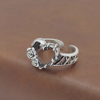 B32 Ring Heart with Roses Sterling Silver 925 Size Adjustable