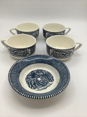 Currier & Ives Collectible Flat  4 Tea Coffee Cups & 1 Bowl Lot Of 5 Excellent