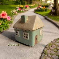 Light Blue House Village Pottery Cottage Ornament Tealight Candle Holder Ceramic