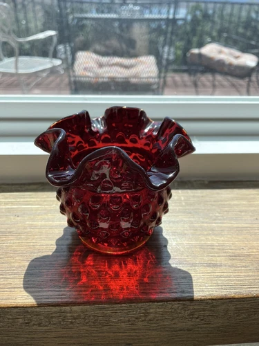 Vintage Fenton Ruby Red Amberina Rose Bowl Ruffle Crimp Edge Hobnail Glass Vase