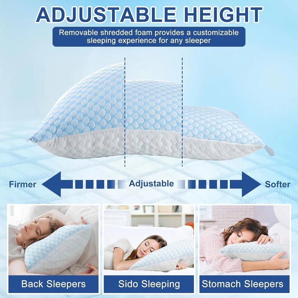 100% Shredded Memory Foam Pillow Firm pillows with 2 Comfort Zones Cooling & Bam - Image 4 of 4