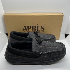 Apres Mens Slipper Gabe Moccasin Slip On Black Tweed warm Faux Fur Lining 9M