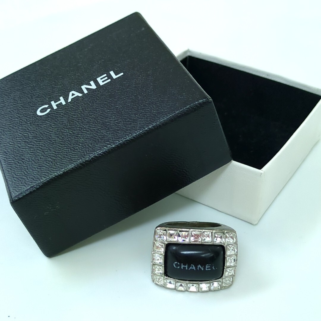 Chanel Crystal Rhinestone Ring Coco Mark Silver Black US