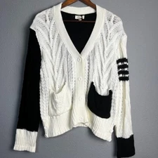 Elan Cardigan Sweater Chunky Knit Open Front Pockets Black White Colorblock Sz M