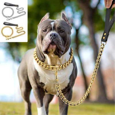Dog Gold Chain Collar and Leash Set Luxury Cuban Link Heavy Duty Stainless Steel