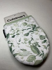 CUISINART MINI OVEN MITTS (2) WHITE GREEN LEAVES 100% COTTON SILICONE NWT