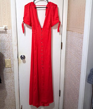 Express Women's Size 2 Red Solid V-Neck Short Sleeve Maxi Dress Button Tie