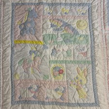 Vintage Baby Blanket Pastel Bunny Crib Lap Blanket 45 60 Handmade Quilted