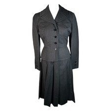 40s/50s Townley Gray Wool Button Front 2 Piece Pleated Skirt Suit Women's XS/S