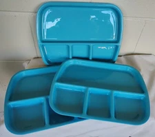 3 Cafeteria Compartment Trays Blue TV Nesting Camping PackerWare USA Holidays 